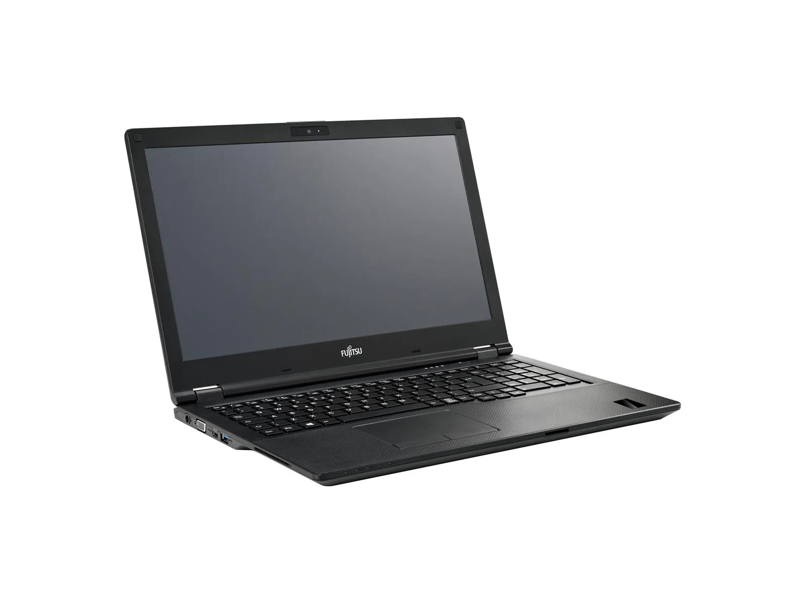 Fujitsu Lifebook E5510 Laptop in Schwarz, leicht geöffnet in linker Seitenansicht mit sichtbarer Tastatur und Display
