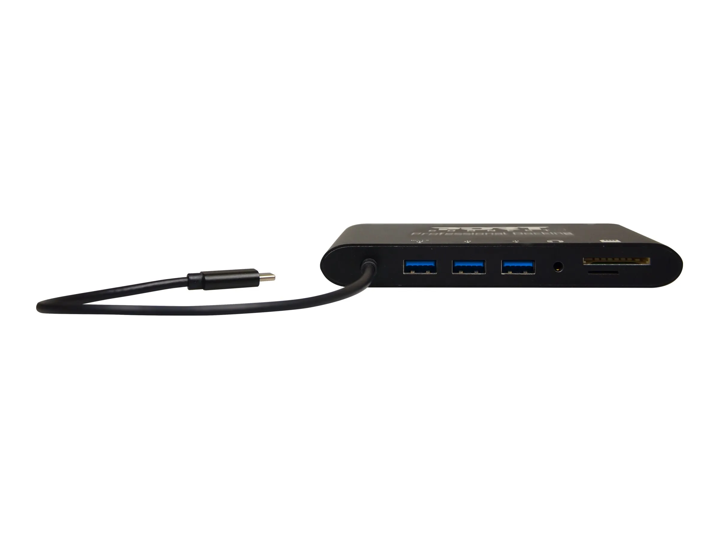 Travel USB-C Hub mit drei USB-A-Anschlüssen und HDMI-Port in Vorderansicht
