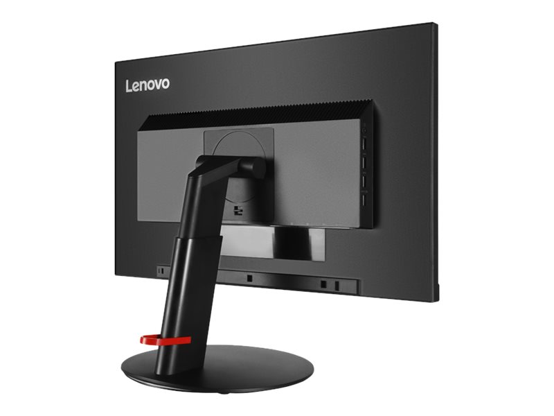 Lenovo ThinkVision T24i-10 Monitor in schräger Rückansicht von hinten rechts, mit schwarzem Standfuß und sichtbarem Lenovo-Logo