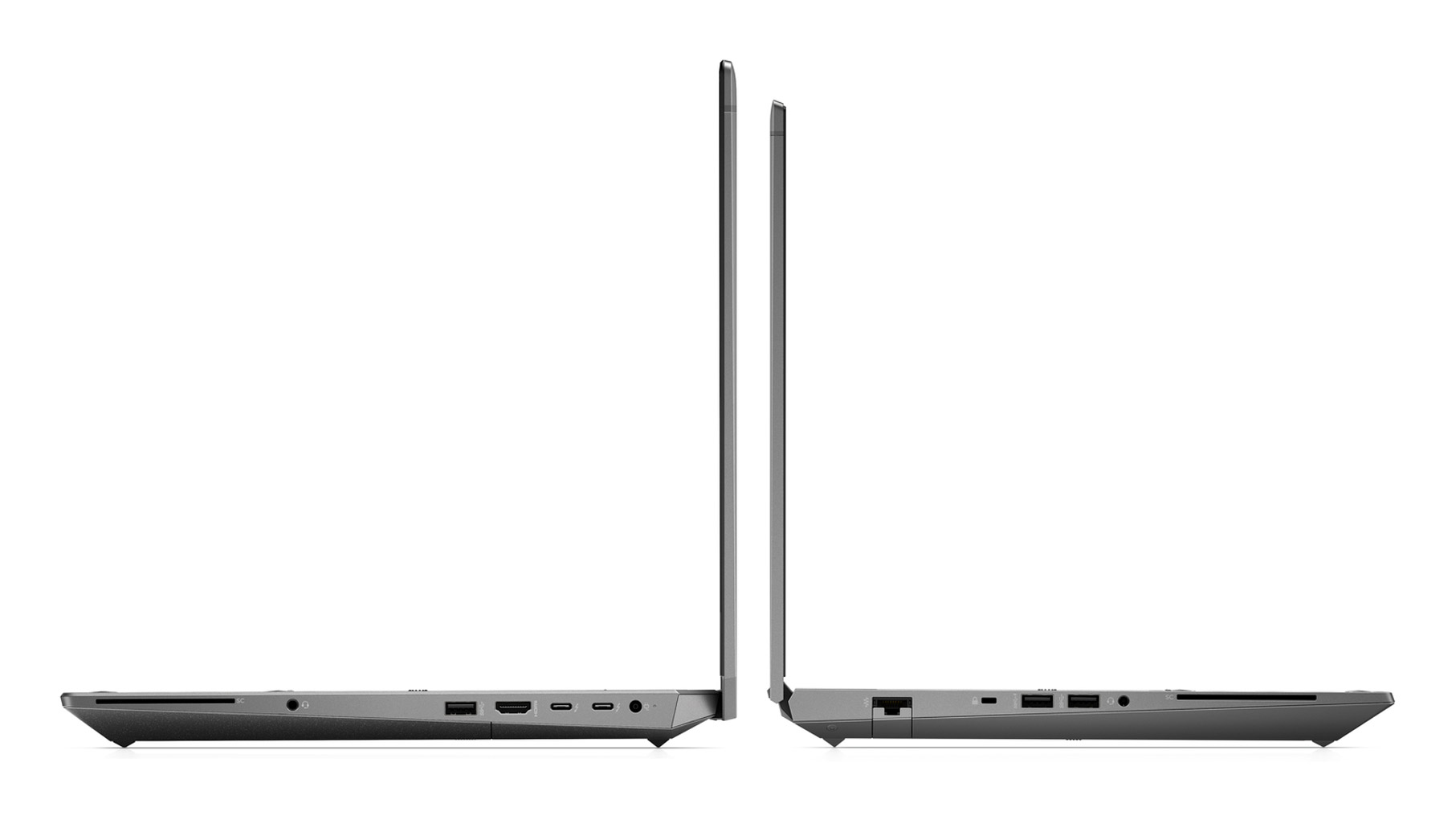 Silbernes HP Notebook mit allen Ports auf beiden Geräteseiten, in geöffneter Position gezeigt