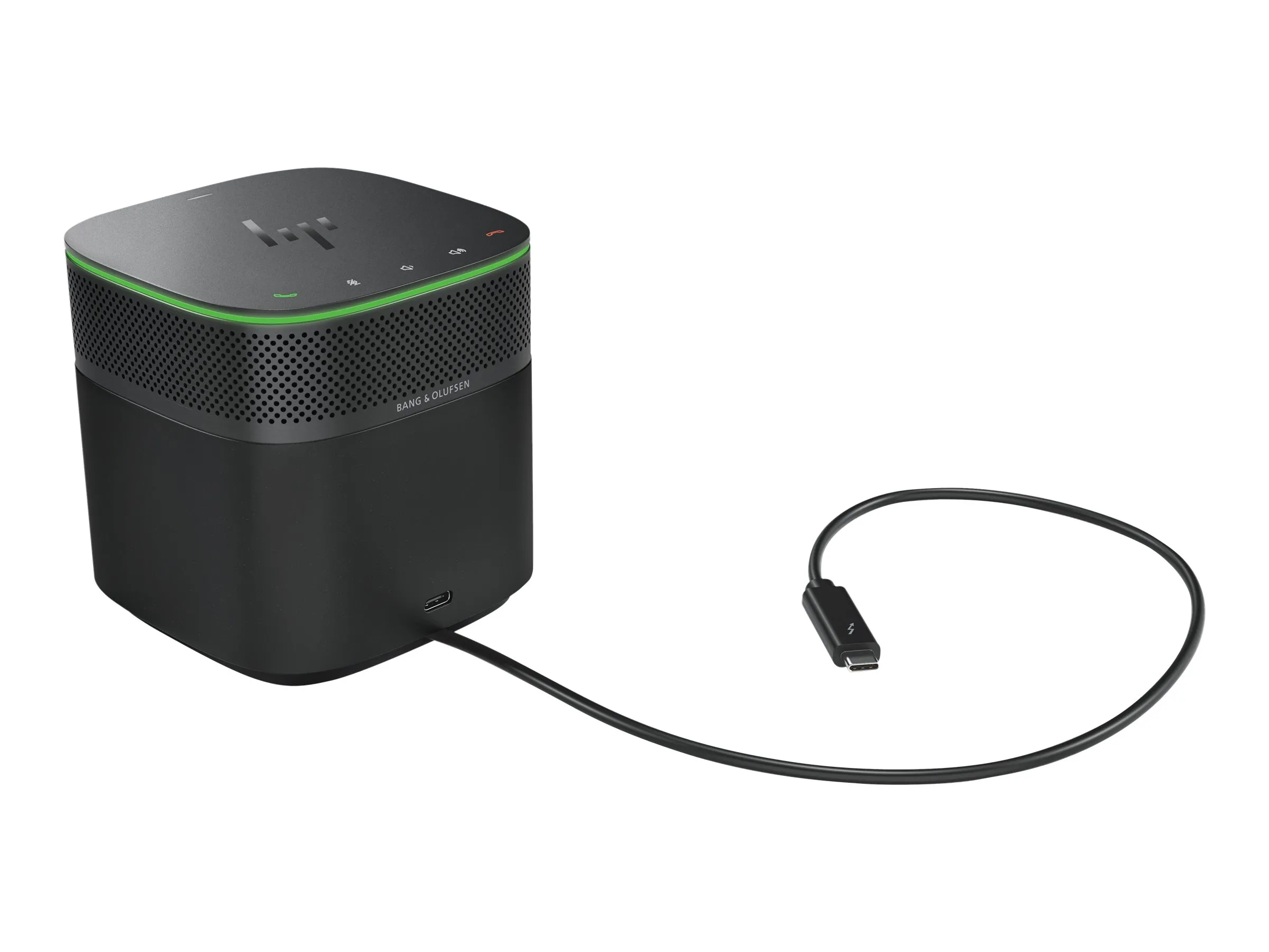 HP-Dockingstation in Würfelform mit USB-C-Kabel und grünem LED-Leuchtring