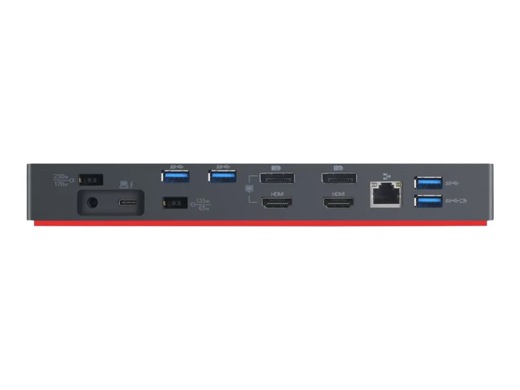 Rückansicht der Lenovo ThinkPad Thunderbolt 3 Workstation Dock 40AN mit jeglichen Anschlussmöglichkeiten