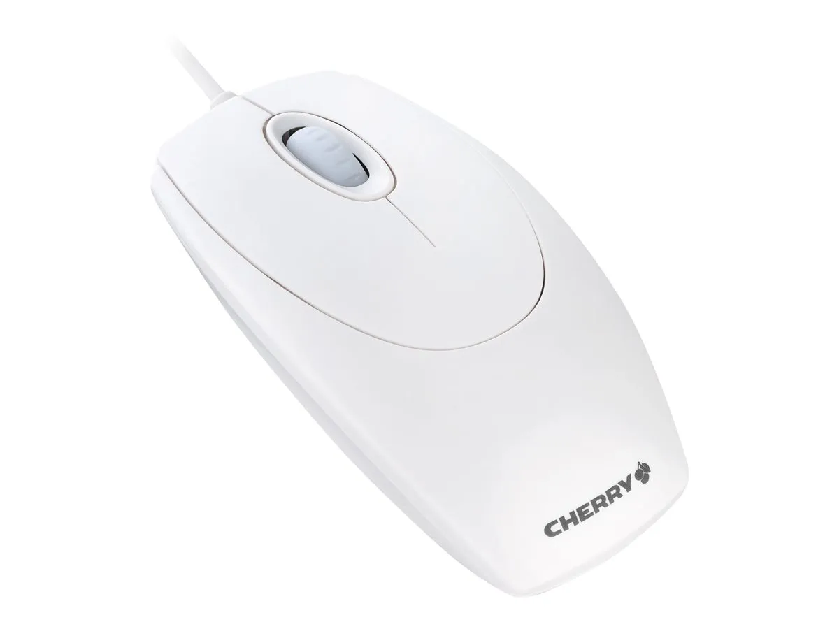 Ergonomisch geformte PC-Maus von Cherry mit glatter Oberfläche und silbernem Scrollrad