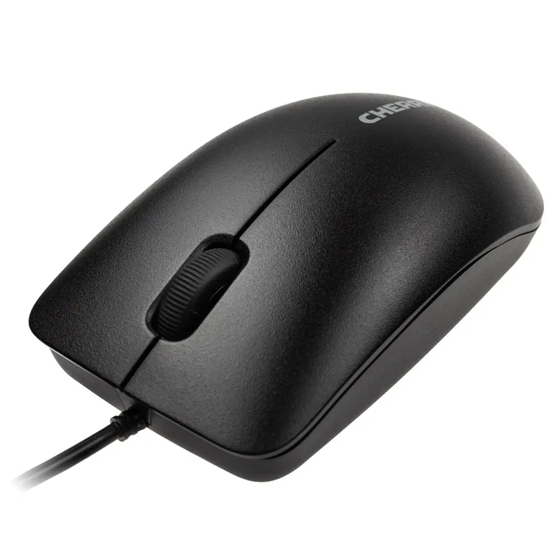 Kabelgebundene CHERRY-Maus in Schwarz aus schräger Vorderansicht mit sichtbarem Scrollrad