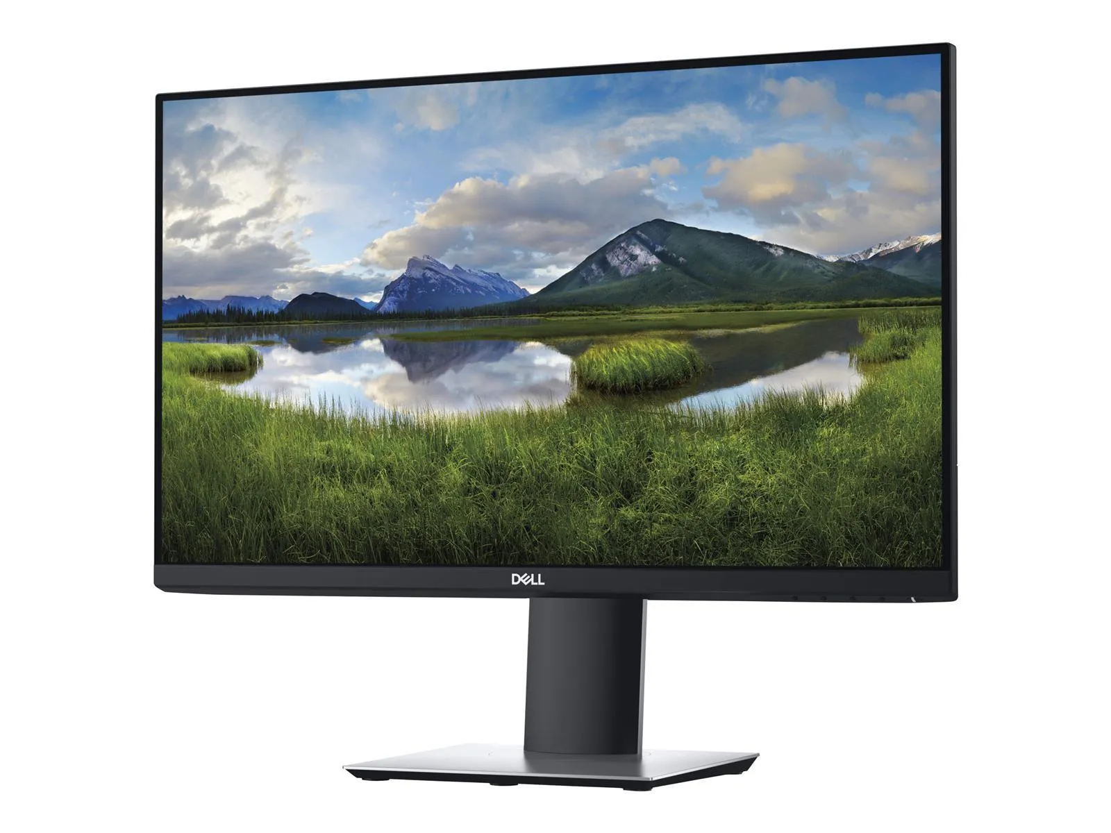 Seitenansicht eines Dell Bildschirms mit reflektierender Landschaft auf dem Display