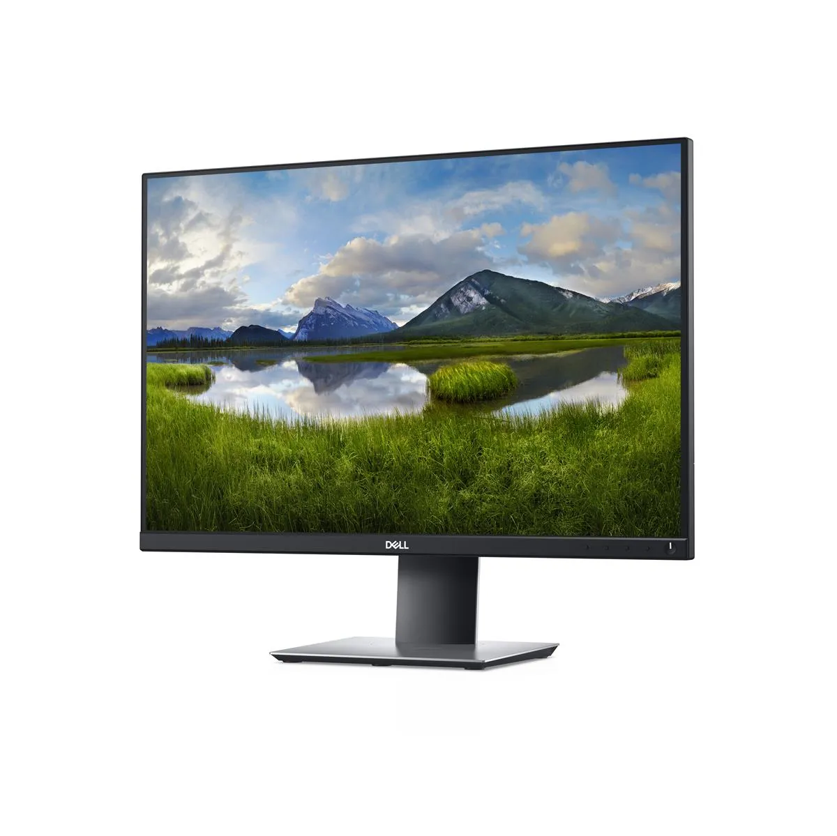 Dell P2421 Monitor schräg dargestellt mit Berglandschaft auf dem Bildschirm.
