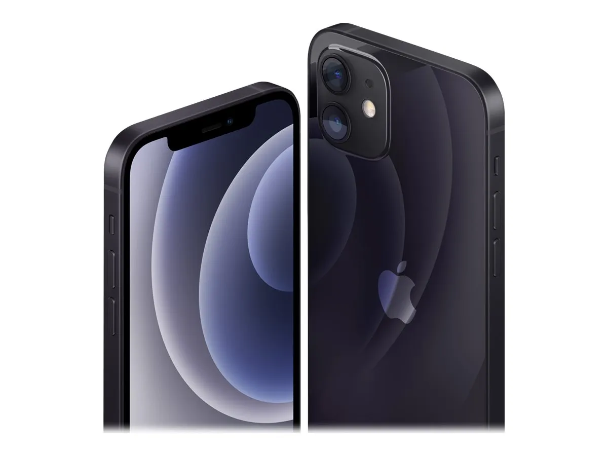 Apple iPhone in Schwarz mit Vorder- und Rückansicht, Fokus auf Kamera und Gehäusekanten