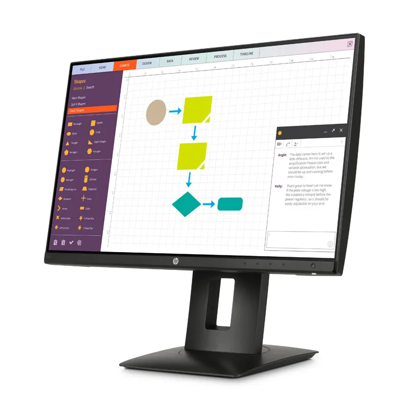 Schräge rechte Seitenansicht des HP Z22n Monitors mit eingeschaltetem Display