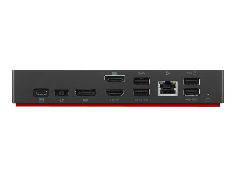 Lenovo USB-C Dockingstation mit sichtbaren Anschlüssen auf der Rückseite in gerader Ansicht.