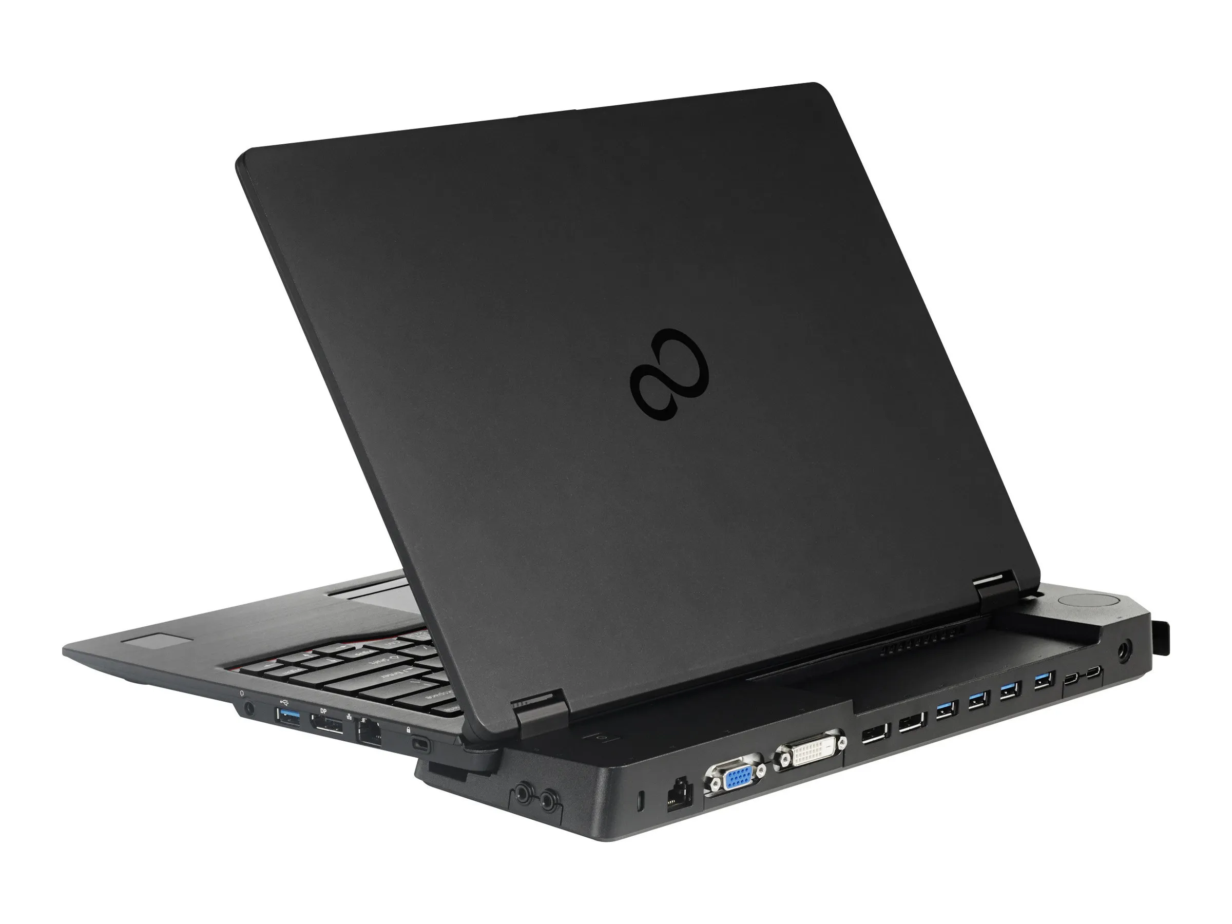 Fujitsu Dockingstation mit angedocktem Lifebook Notebook und sichtbaren Anschlussports
