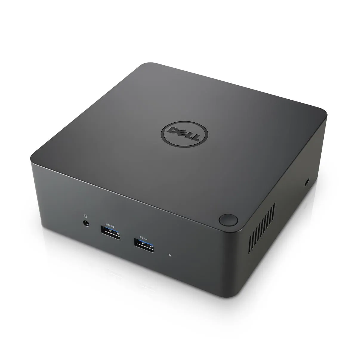 Dell-Dock in würfelförmigem Design, Vorderseite mit USB- und Audiobuchsen