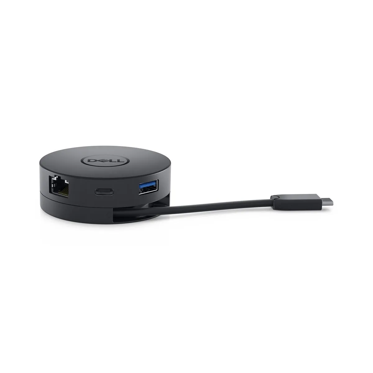 Runder Dell USB-C Adapter mit Ethernet-, USB-A- und HDMI-Anschluss
