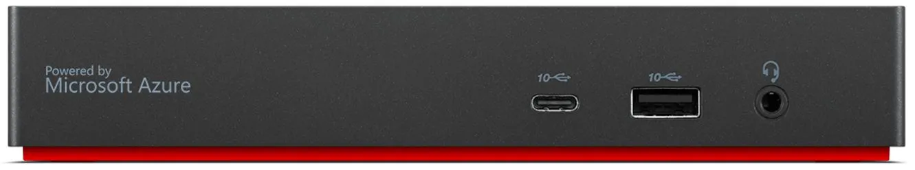 Lenovo 40B0 Dock in gerader Vorderansicht mit sichtbaren Frontanschlüssen und Audioanschluss.