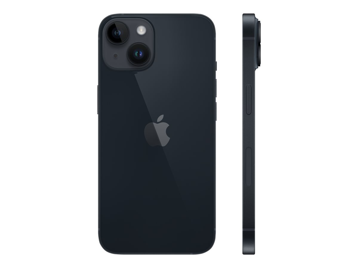 Rück- und Seitenansicht eines schwarzen Apple iPhone 14 mit Dual-Kamera