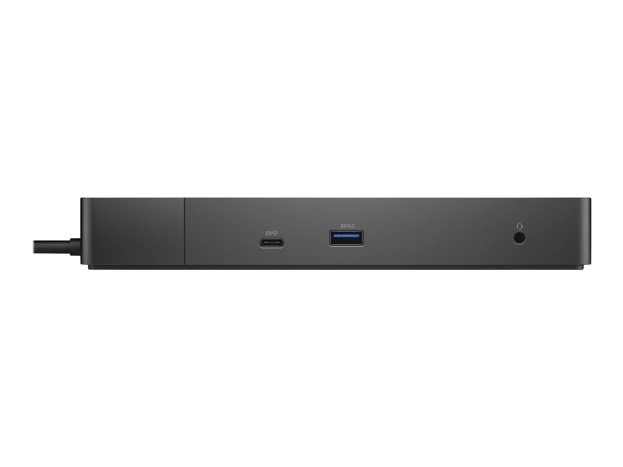 Frontansicht der Dell WD19DCS K20A Dockingstation mit USB-C-Anschluss, USB-A-Anschluss und 3,5 mm Audioanschluss