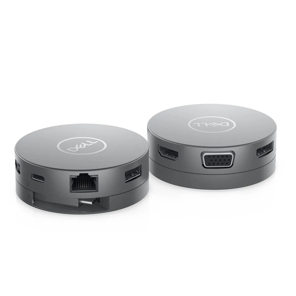 Zwei Dell DA310 USB-C Adapter nebeneinander, Vorderseiten mit VGA-, HDMI- und USB-Anschlüssen sichtbar
