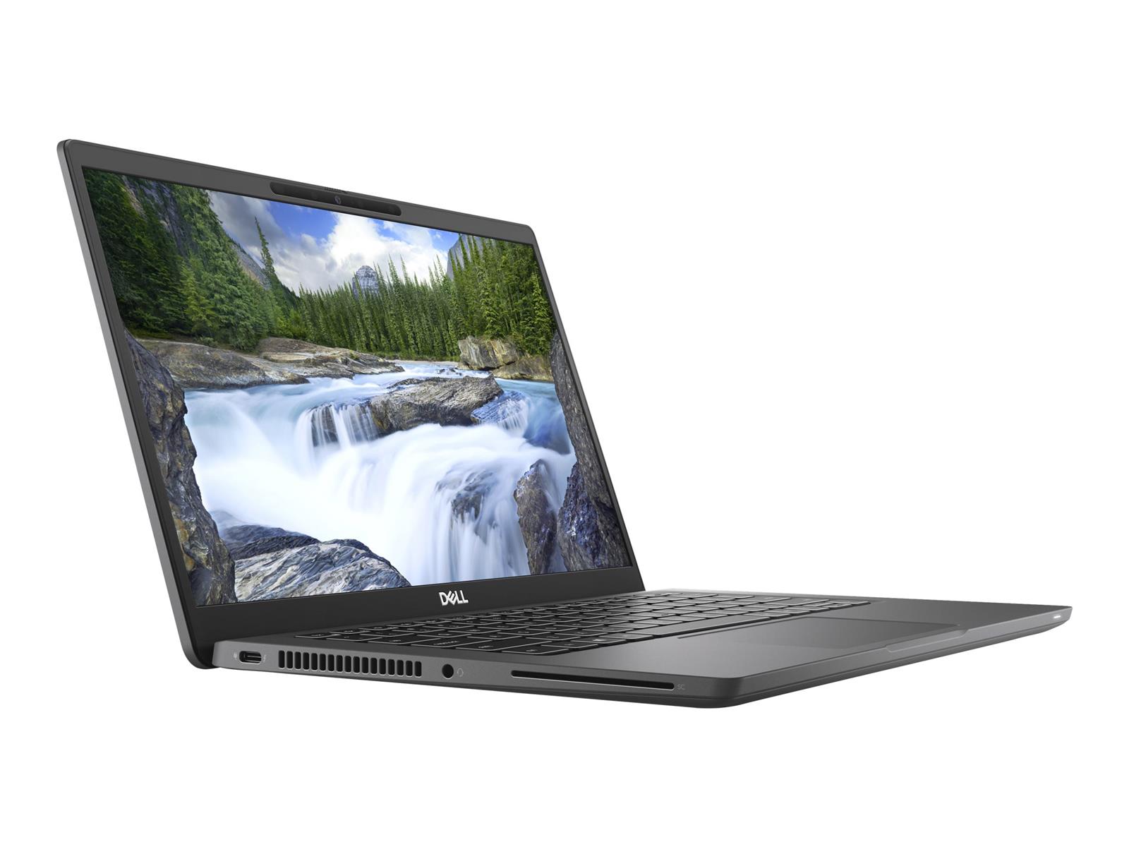 Dell Latitude 7320 in schräger Frontansicht von links, geöffnet mit sichtbarem Display und Tastatur