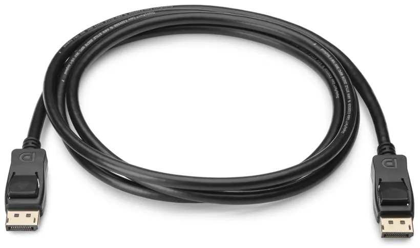 Schwarzes DisplayPort-Kabel in kreisförmiger Anordnung mit zwei identischen Steckern