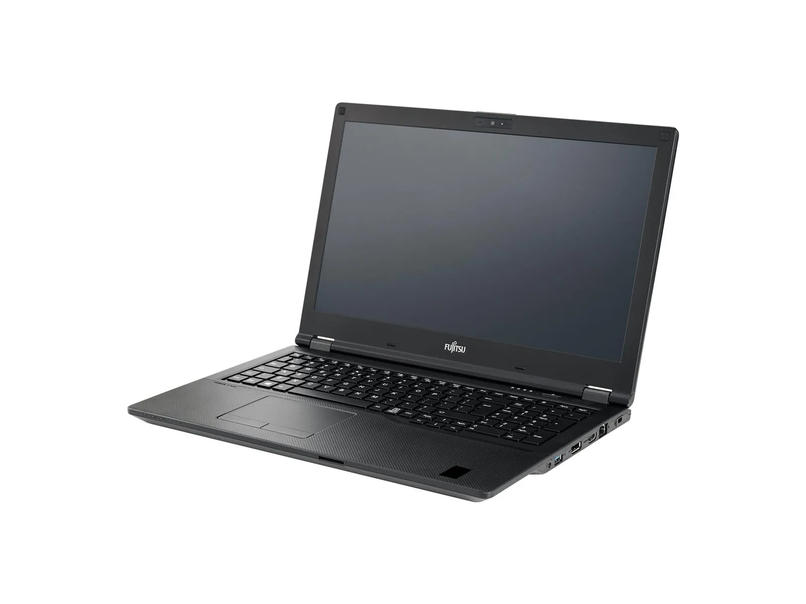 Fujitsu Lifebook E5510 Laptop in Schwarz, leicht geöffnet in rechter Seitenansicht mit sichtbarer Tastatur und Display