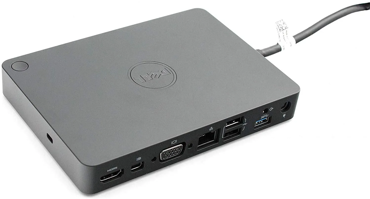 Anschlüsse einer Dell-Dockingstation inklusive DisplayPort, VGA, LAN-Port und mehreren USB-Steckplätzen
