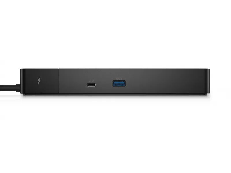Dell WD22TB4 Thunderbolt 4 Dockingstation in Frontansicht mit Thunderbolt-Anschluss, USB-Port und Kabel.
