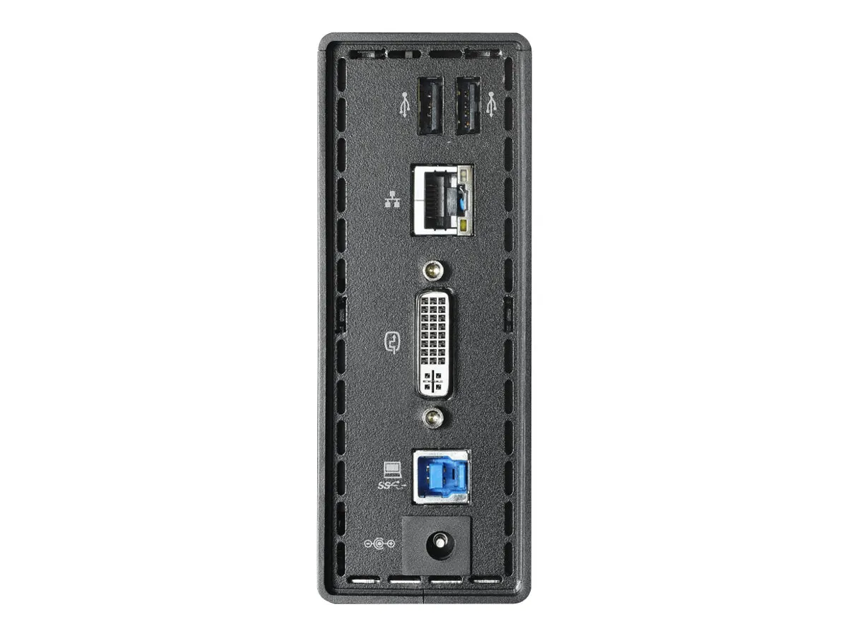 Rückseite der Lenovo USB 3.0 Dockingstation mit Video-, Netzwerk- und USB-Anschlüssen