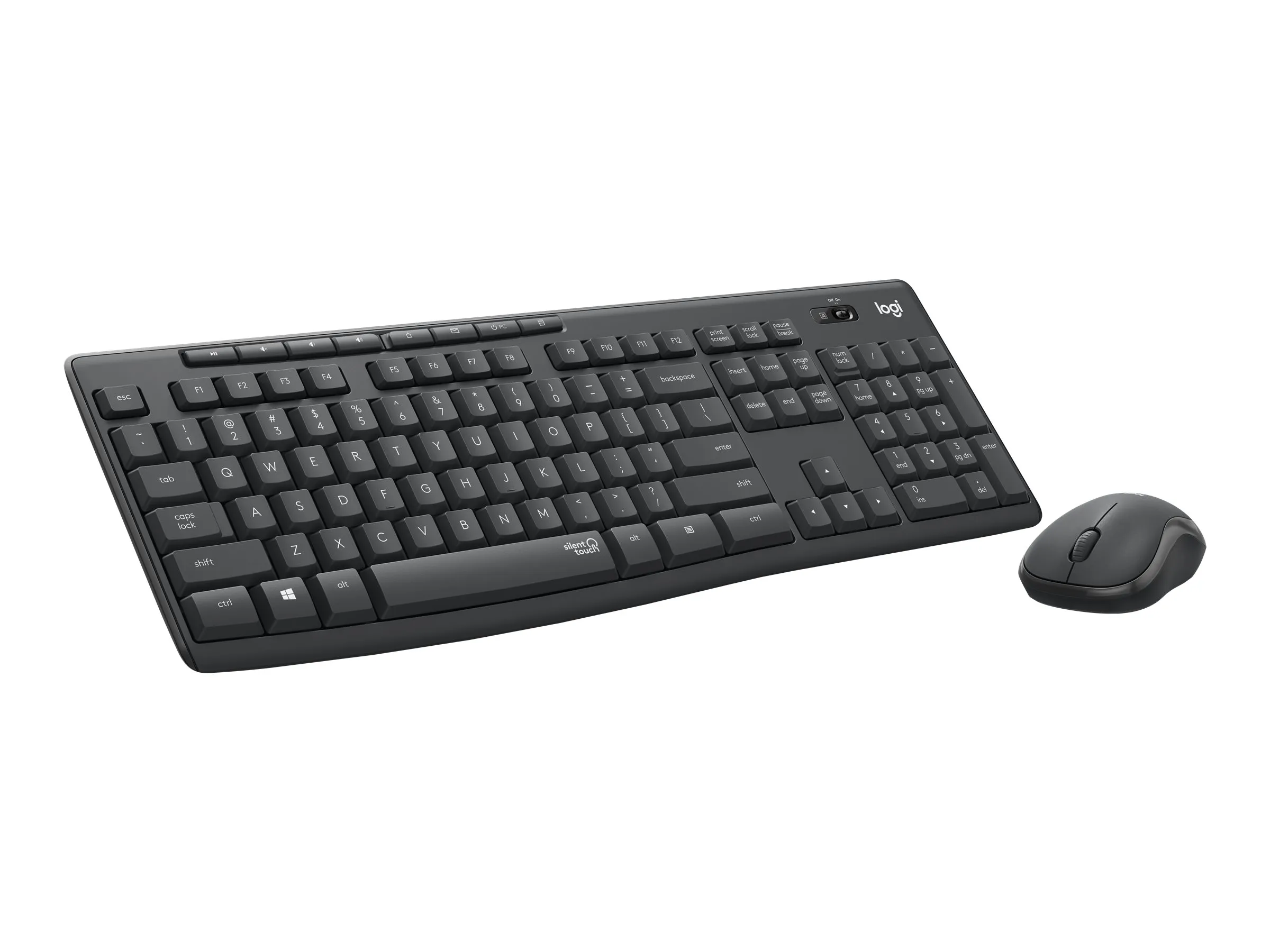 Schwarzes kabelloses Tastatur- und Maus-Set mit flachen Tasten und QWERTY-Layout