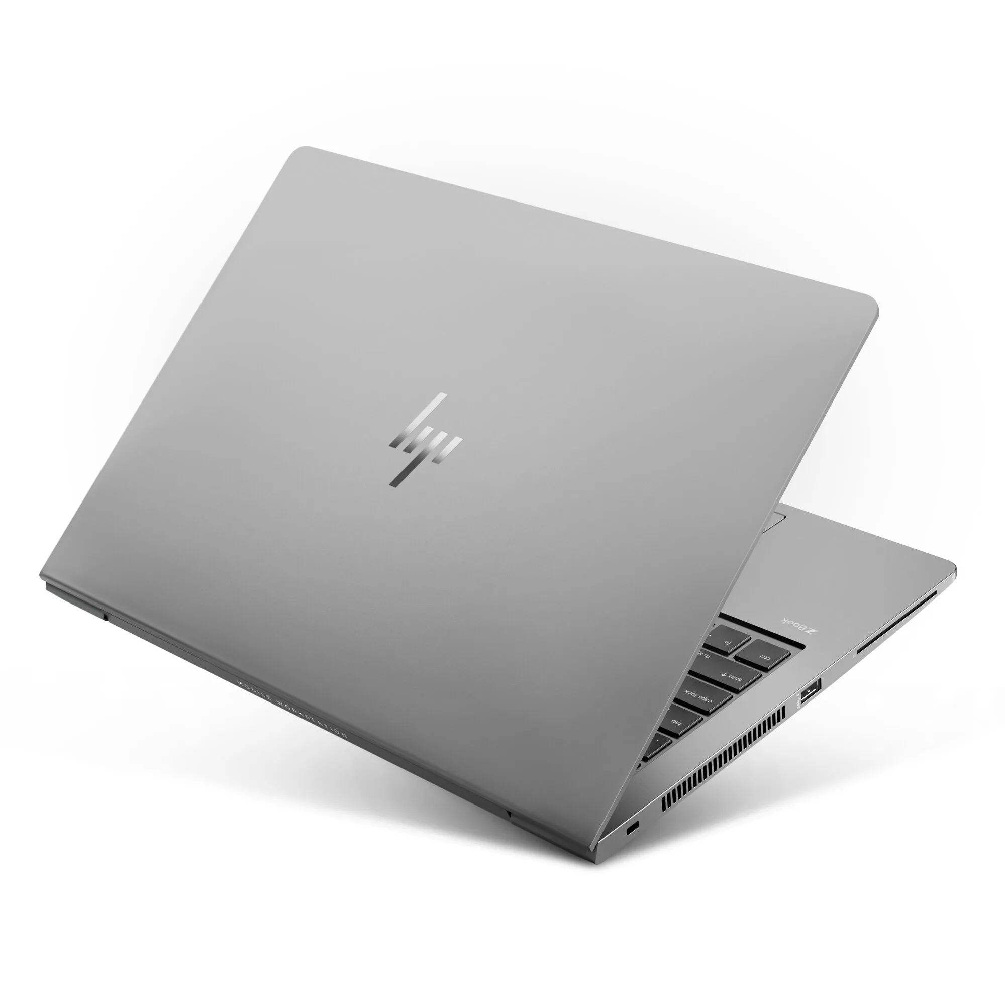 HP ZBook 14U in silberner Farbe, schräg von hinten fotografiert mit leicht geöffnetem Display