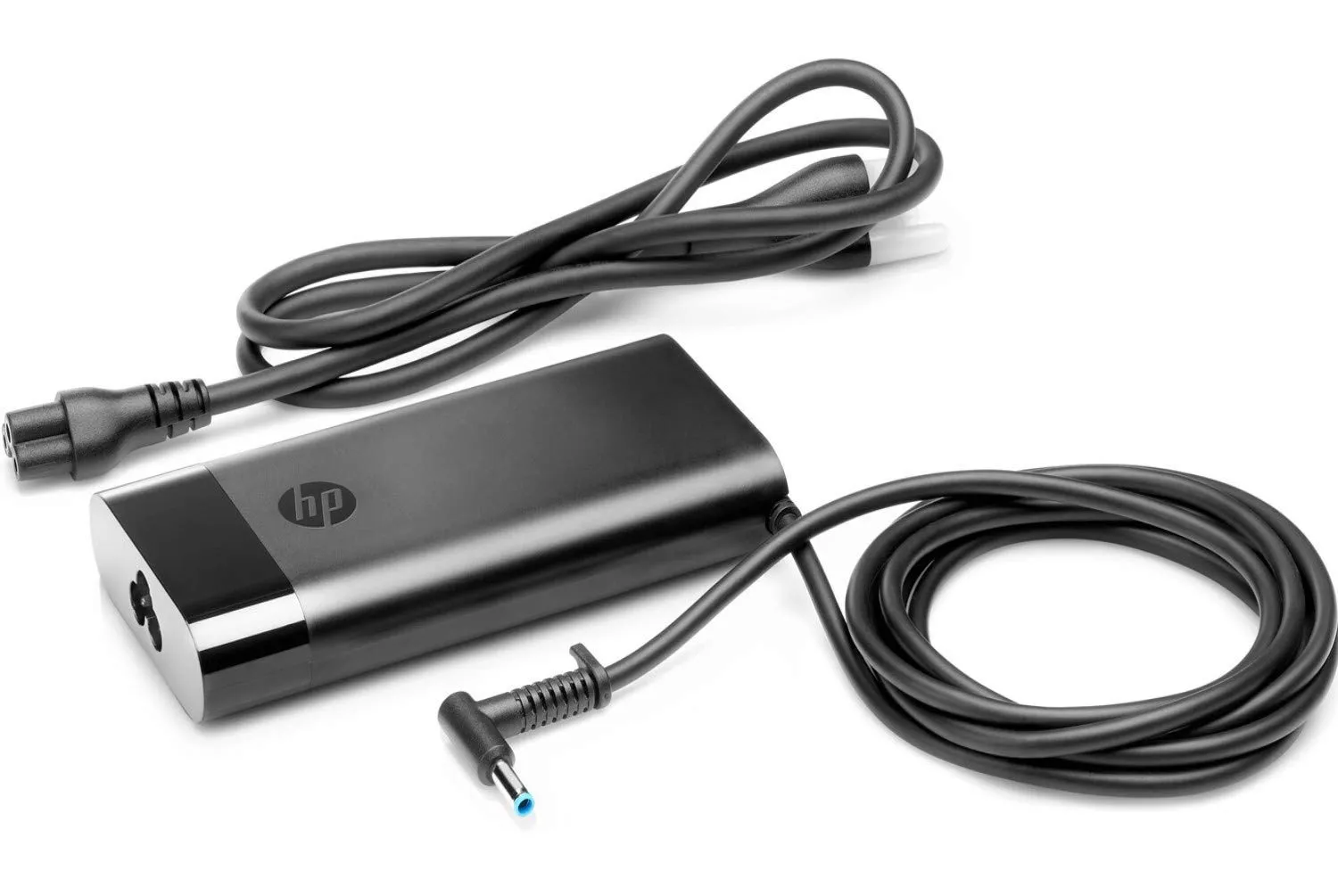 Original HP-Notebookladegerät mit markantem Design und blauem Innenkontakt am Stecker – inklusive Stromzufuhrkabel