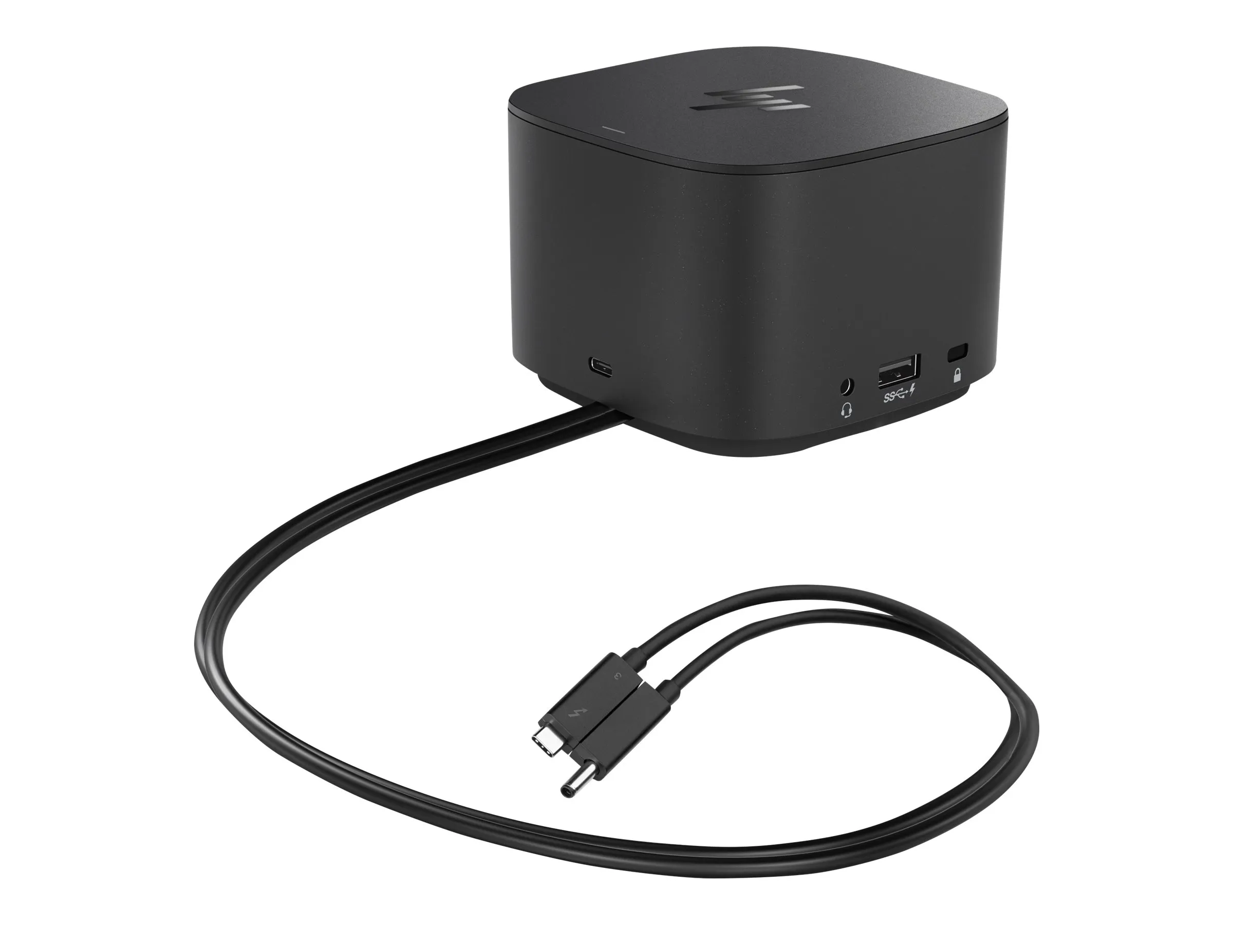 HP-Dockingstation mit zwei Anschlusskabeln, sichtbar: USB-C und Split-Stecker