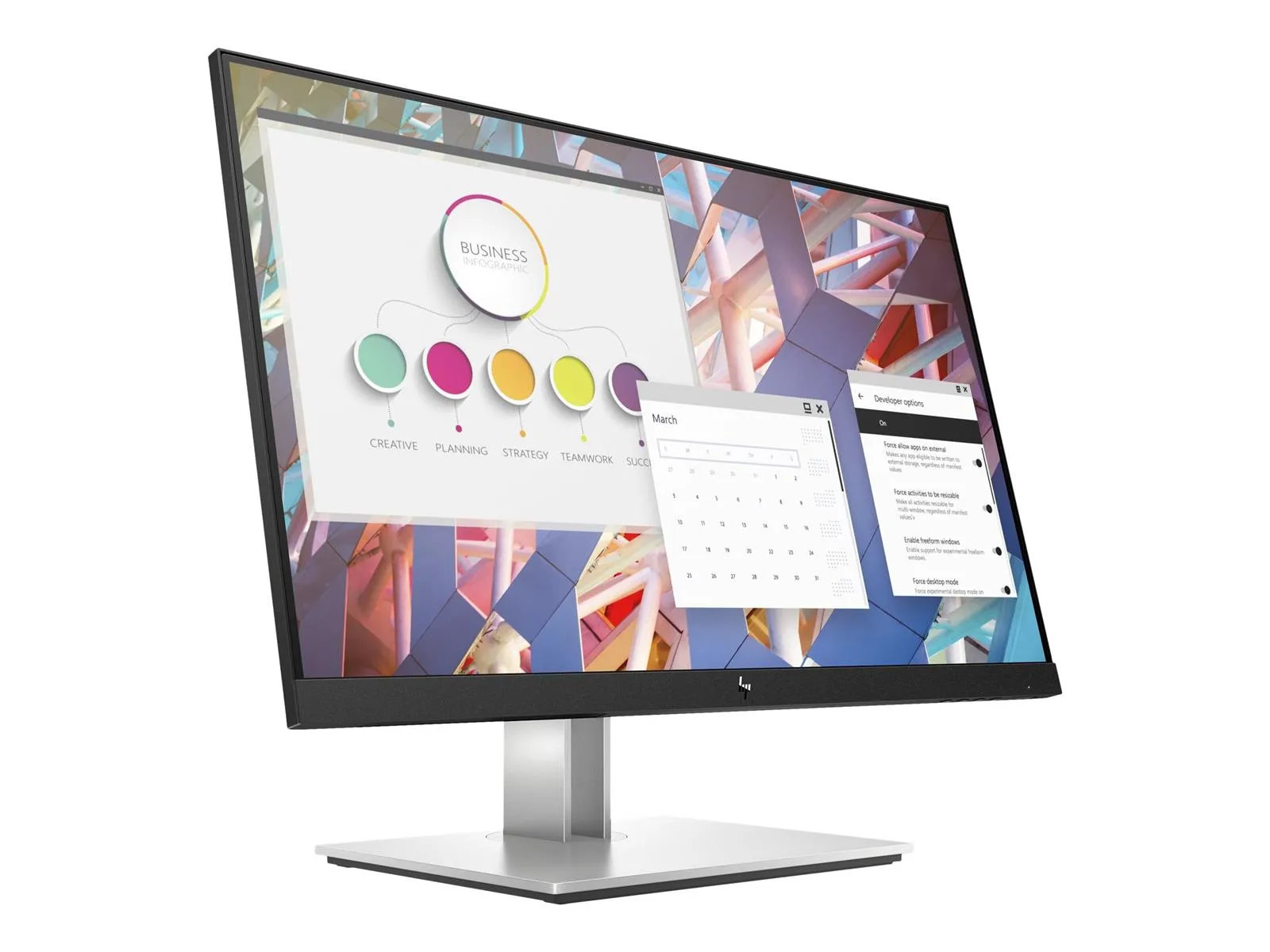 Flacher HP-Monitor mit scharfem Bild, mehreren geöffneten Softwarefenstern und silbernem Standfuß