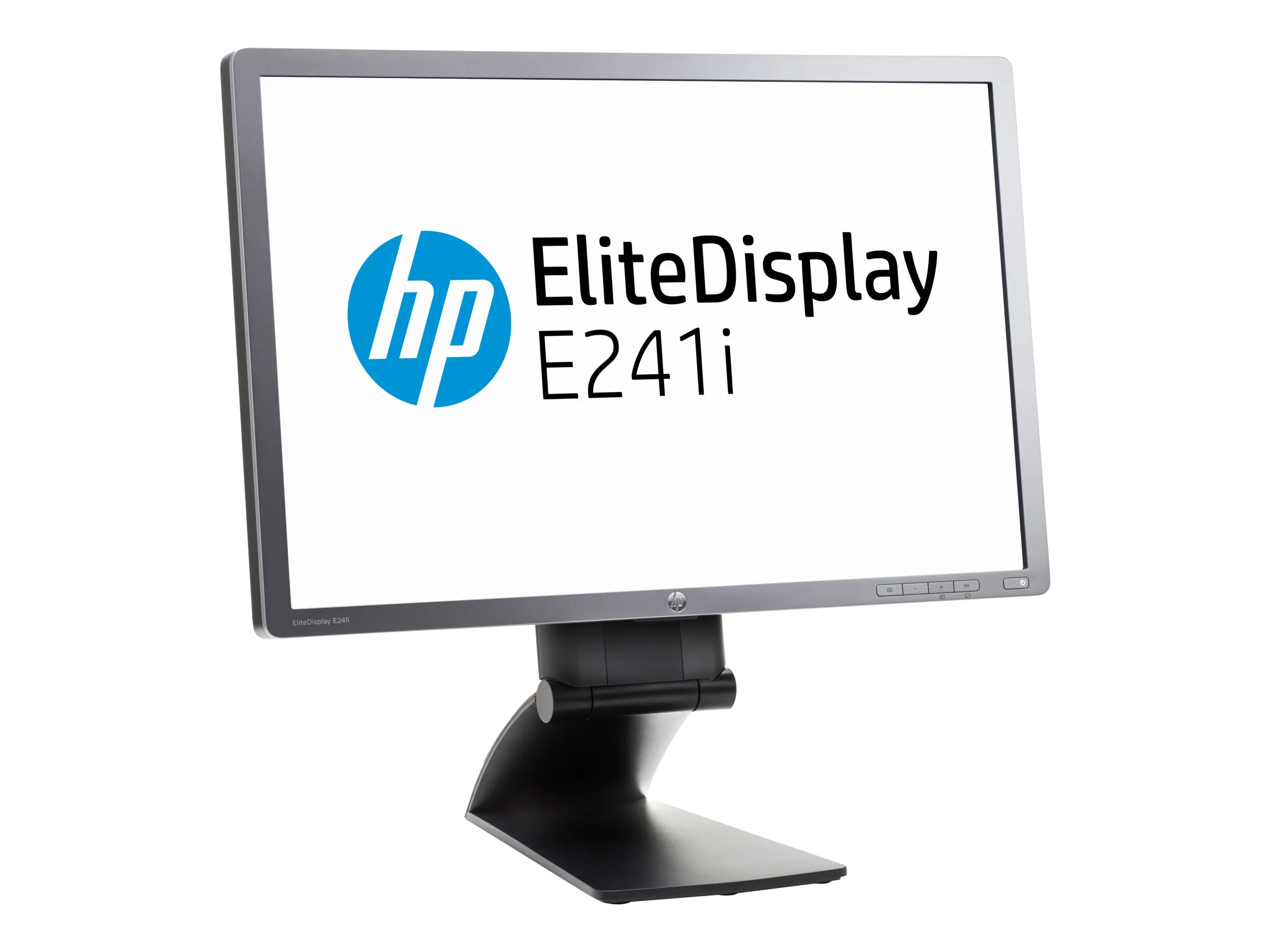 HP-Monitor mit silbernem Rahmen, präsentiert in schräger Desktop-Ansicht