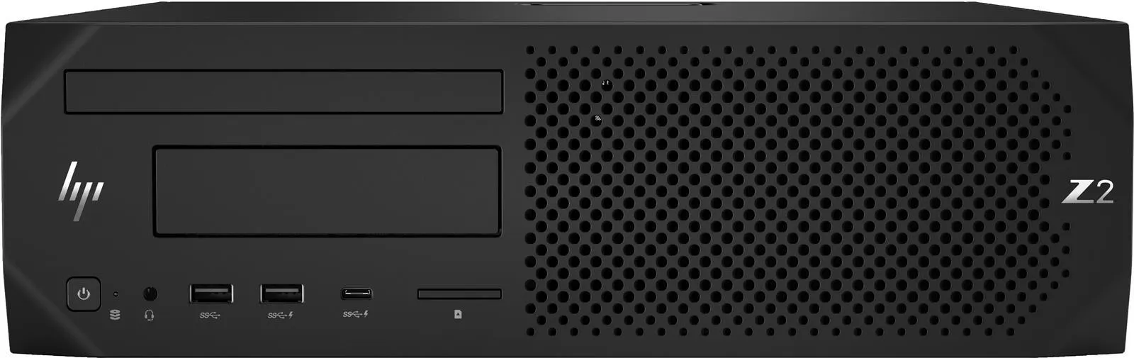 Gehäusefront einer schwarzen HP Z2 Workstation mit verschiedenen Ports und Markenlogo