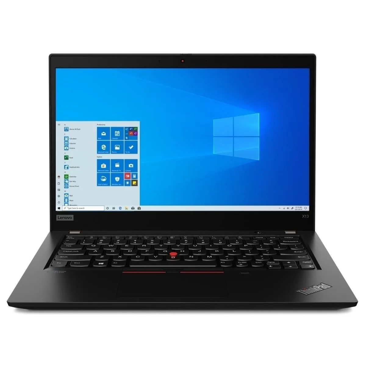 Lenovo ThinkPad X13 Gen 1 Laptop in Schwarz, frontal fotografiert mit geöffnetem Display und sichtbarem Desktop