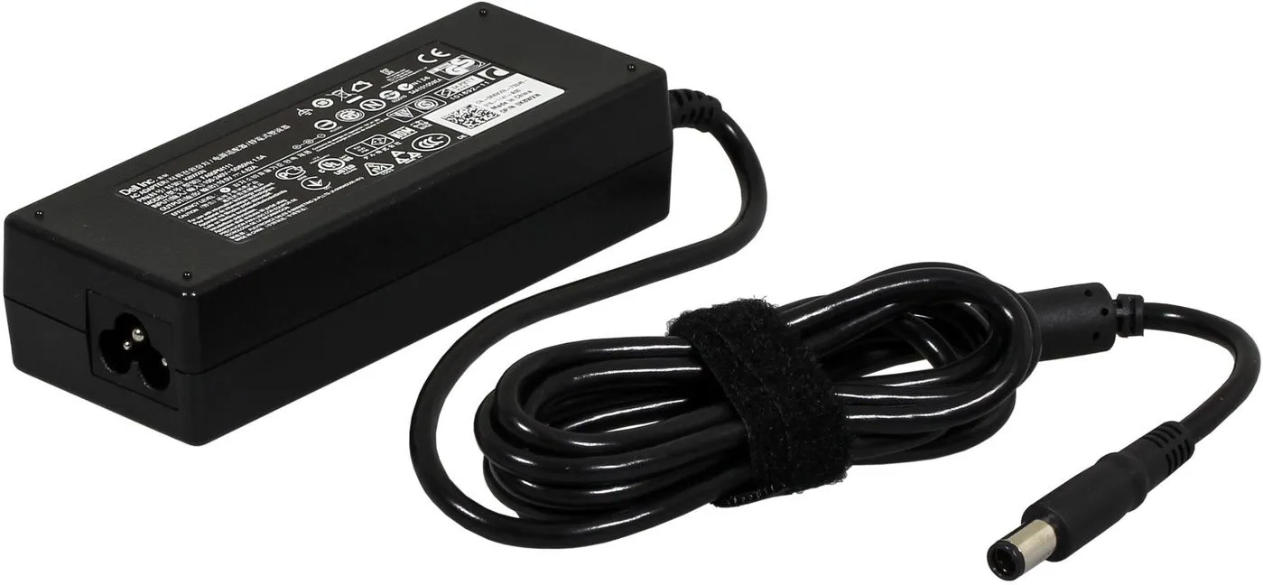 Rechteckiges Dell-Netzteil mit gewickeltem Kabel und schwarzem Klettverschluss