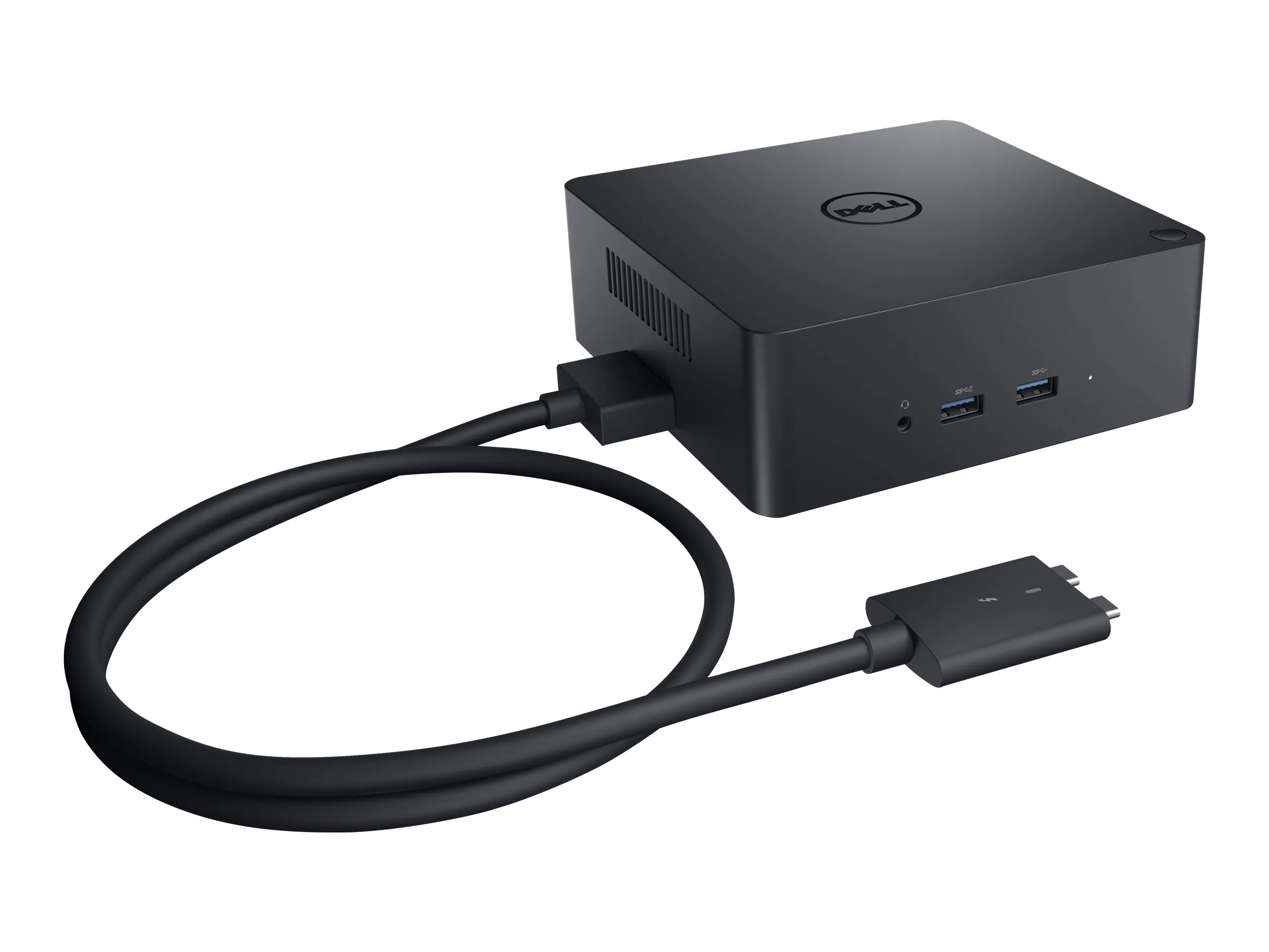 Dockingstation von Dell mit modernem Design, Kabel und Vorderseite mit Ports im Fokus
