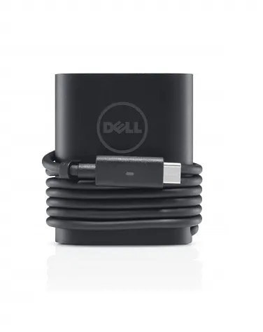Schwarzes Dell Ladegerät mit aufgewickeltem USB-C-Kabel und geprägtem Logo