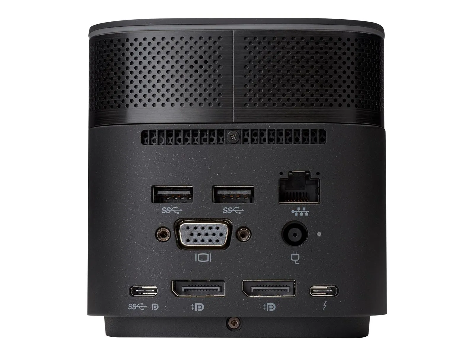 Technische Rückseite einer modernen Dockingstation mit USB, VGA, Netzwerk und DisplayPort