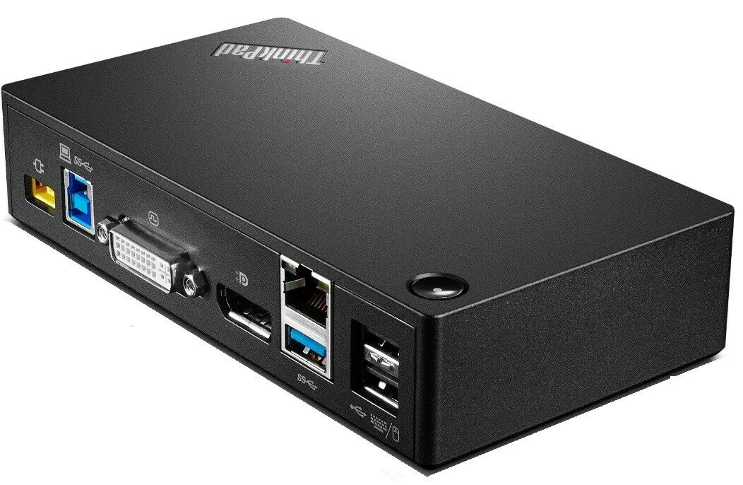 Rückansicht der Lenovo ThinkPad Pro Dock 40A7 mit LAN-Port, USB-Anschlüssen, DVI-, DisplayPort- und Stromanschluss