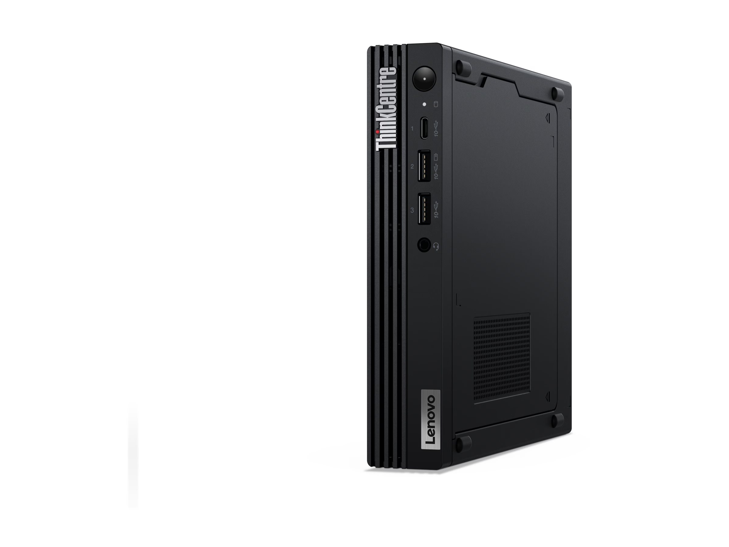 Seitliche Ansicht eines Lenovo ThinkCentre Desktop Mini-PCs in schwarz