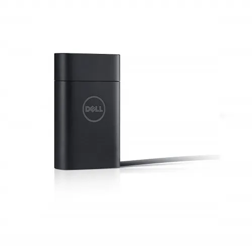 Aufrecht stehendes Dell Netzteil mit sichtbarem Netzkabel und Dell Logo