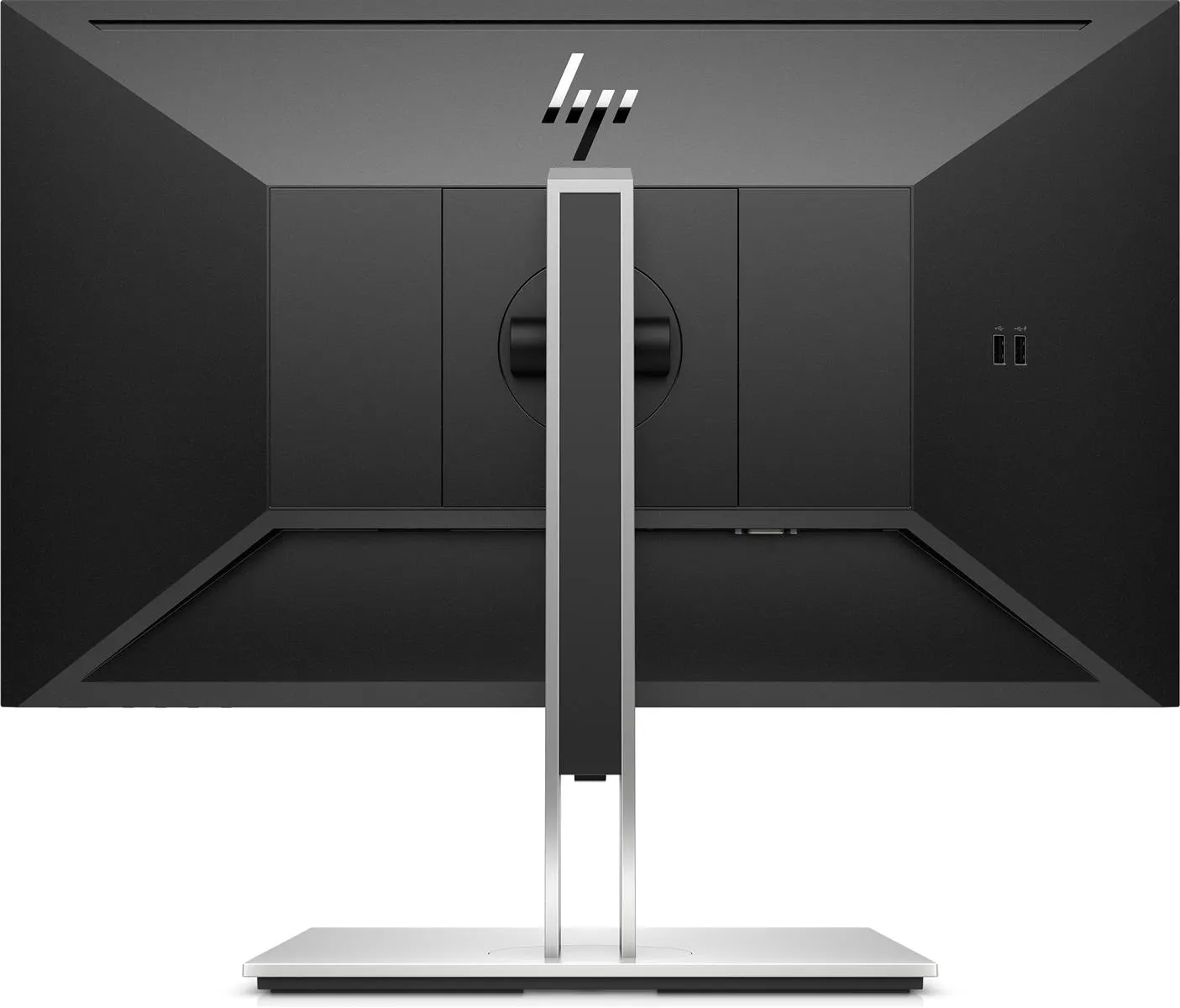 Schwarz-silberner HP-Monitor mit minimalistischem Rückpanel und strukturiertem Gehäuse