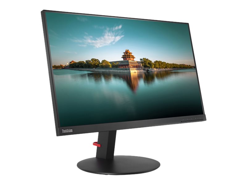Lenovo ThinkVision T24i-10 Monitor in schräger Seitenansicht (links), mit eingeschaltetem Bildschirm