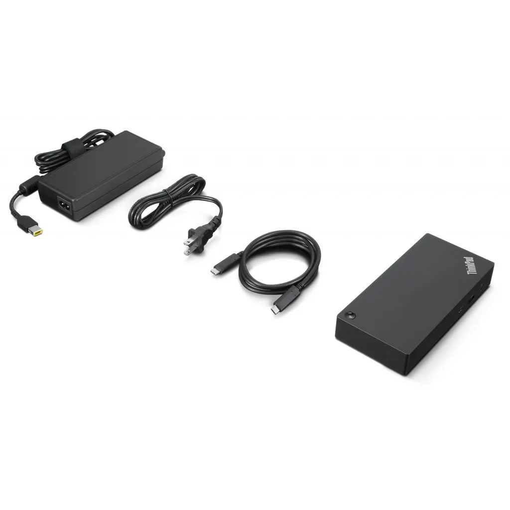 Lieferumfang einer Lenovo ThinkPad Dockingstation mit Netzteil, Anschlusskabeln und Dock