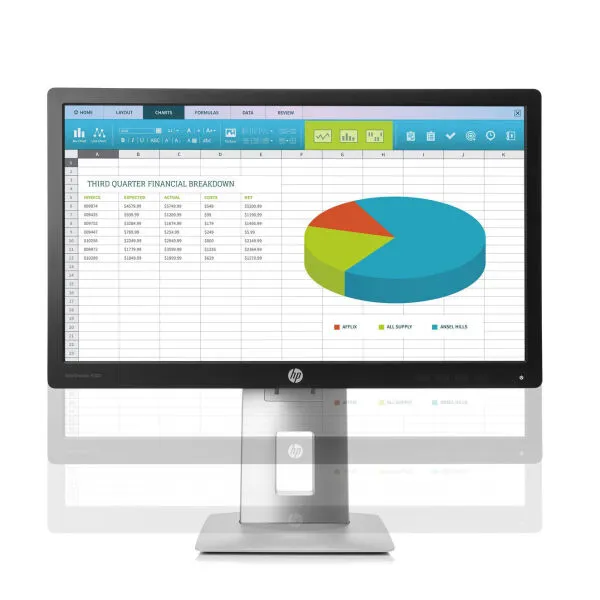 HP E222 Bildschirm mit Excel-ähnlicher Oberfläche und bunter Grafik für Quartalsanalyse