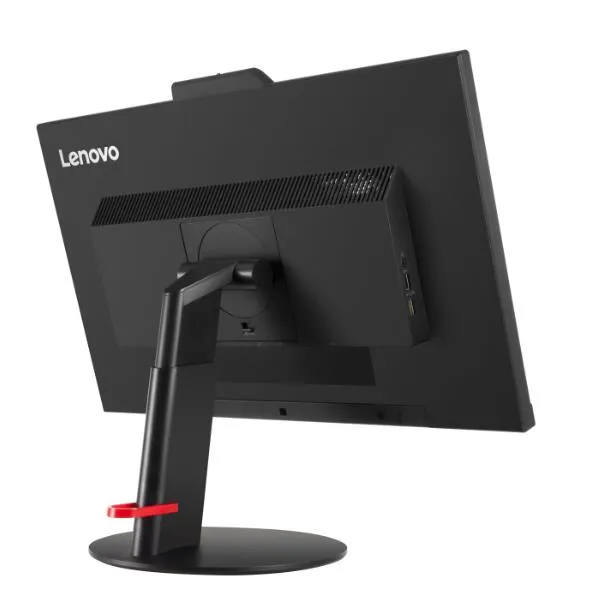 Lenovo Monitor von hinten – schwenkbarer Standfuß mit rotem Akzent und seitlich sichtbaren Anschlüssen