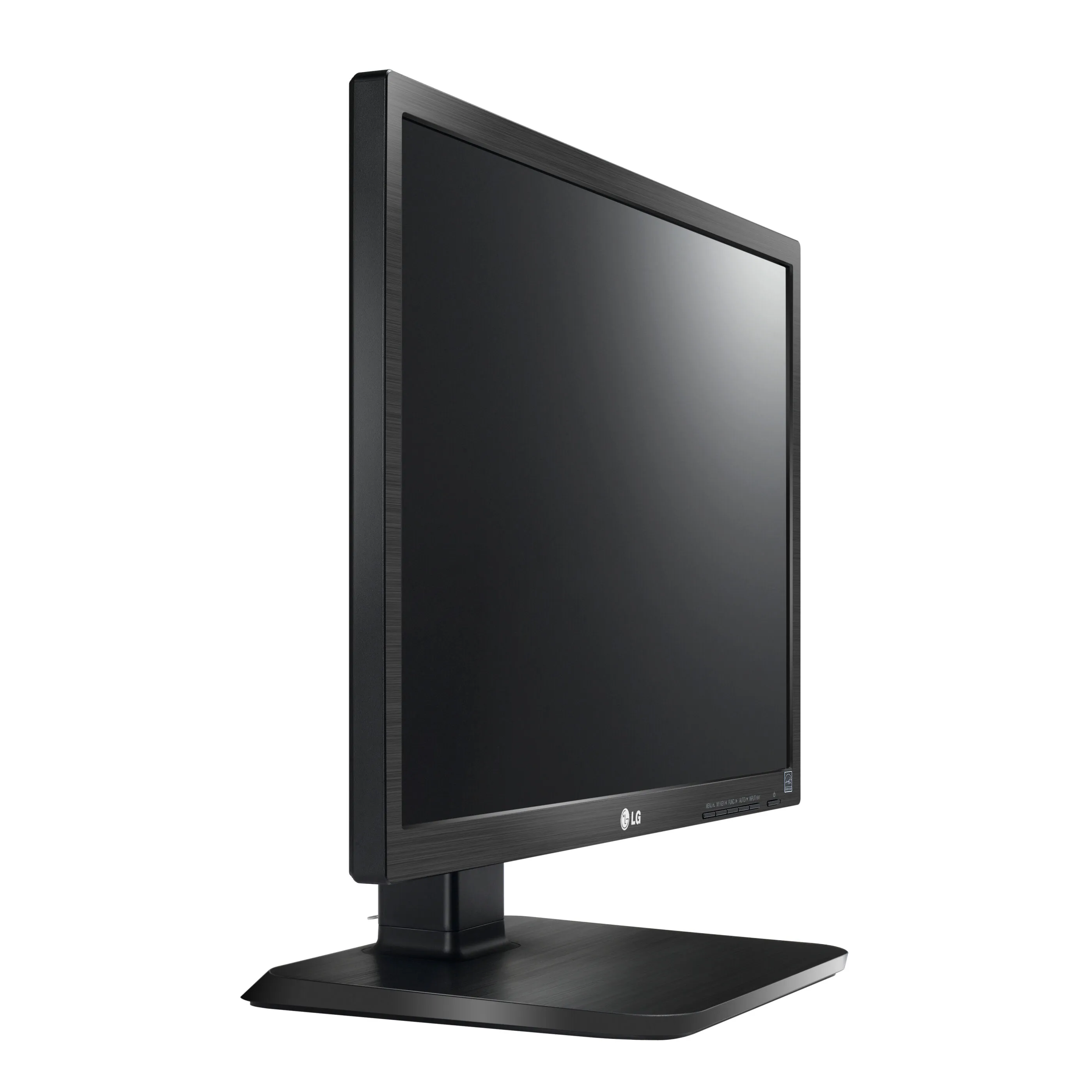Schräg seitliche Ansicht eines schwarzen LG-Bildschirms mit mattem Display und robustem Standfuß