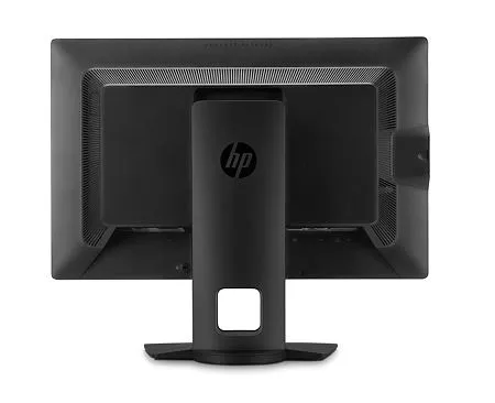 Rückansicht des HP Z24i Monitors mit stabilem Standfuß, zentraler Kabelführung und HP-Logo