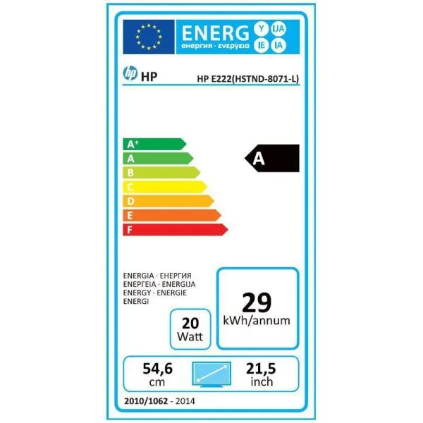HP E222 Bildschirm mit Energieverbrauch von 29 kWh/Jahr und 20 Watt Leistung