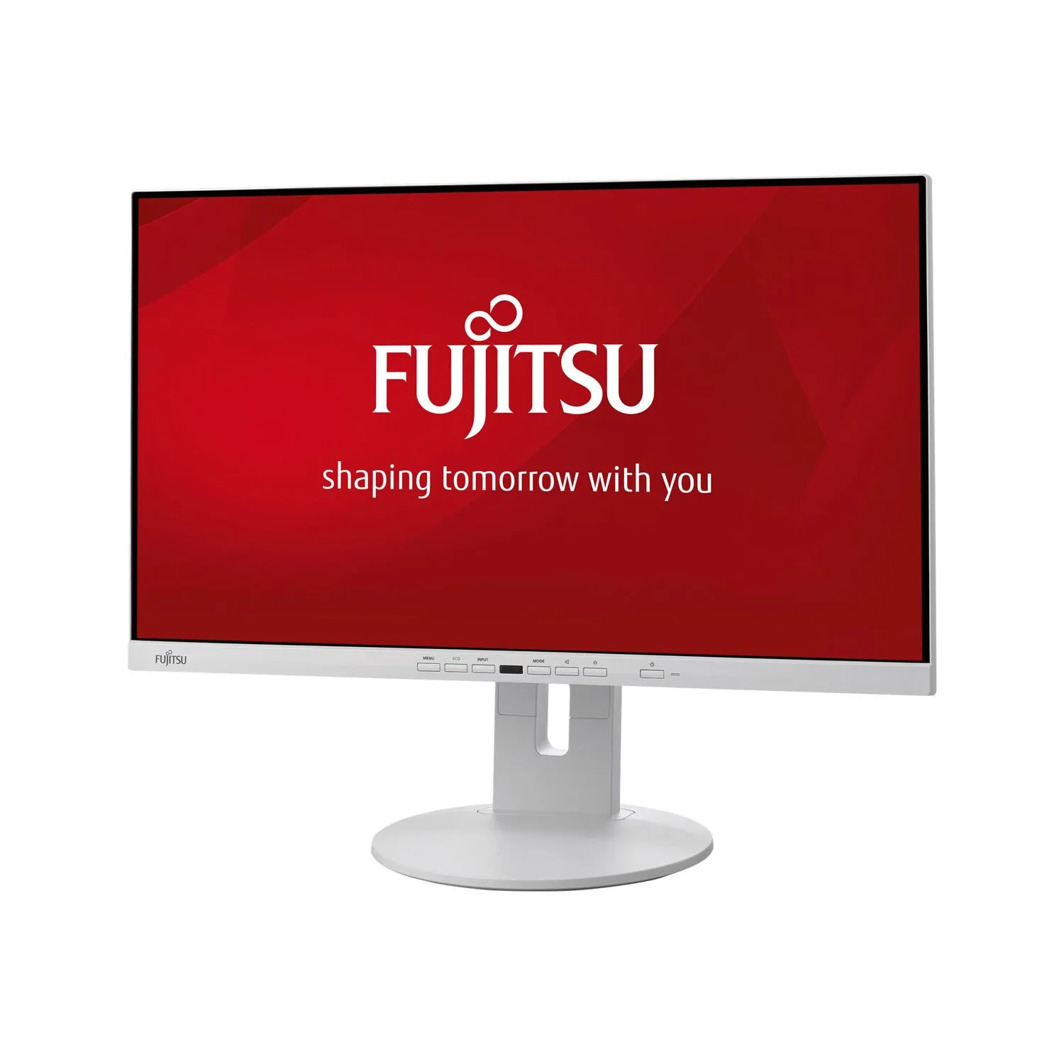 Fujitsu Monitor mit weißem Standfuß und rotem Display-Hintergrund, frontal fotografiert